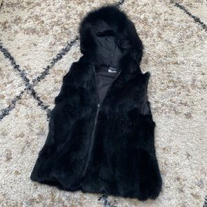 Black hooded and reversible genuine rabbit fur zippered vest